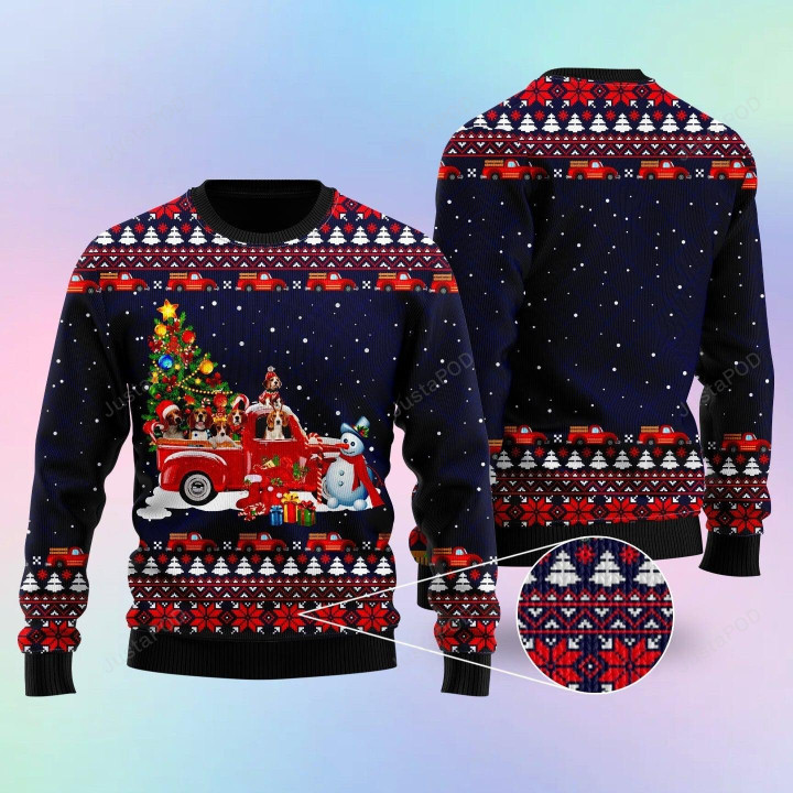 Funny Dogs With Red Truck Christmas Holiday Ugly Christmas Sweater, Funny Dogs With Red Truck Christmas Holiday 3D All Over Printed Sweater