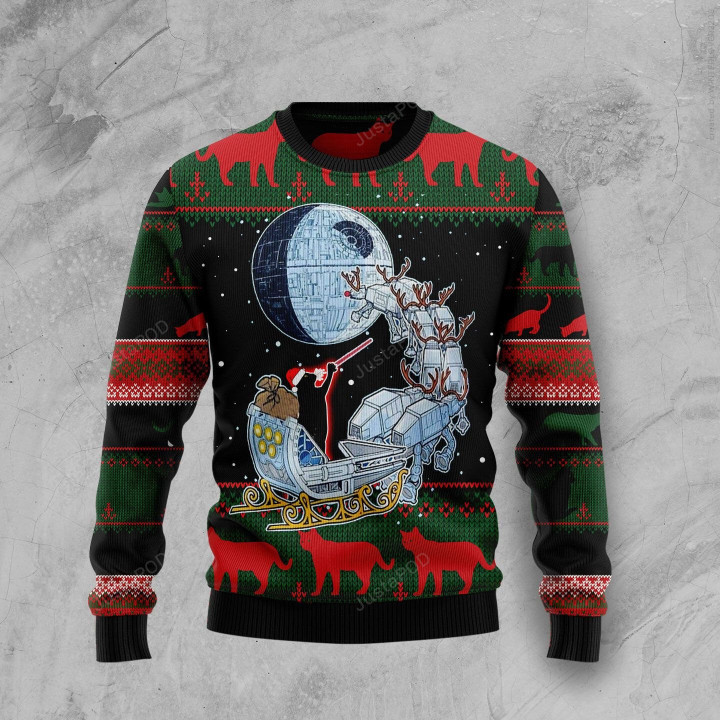 Black Cat Sleigh To Death Star Ugly Christmas Sweater, Black Cat Sleigh To Death Star 3D All Over Printed Sweater