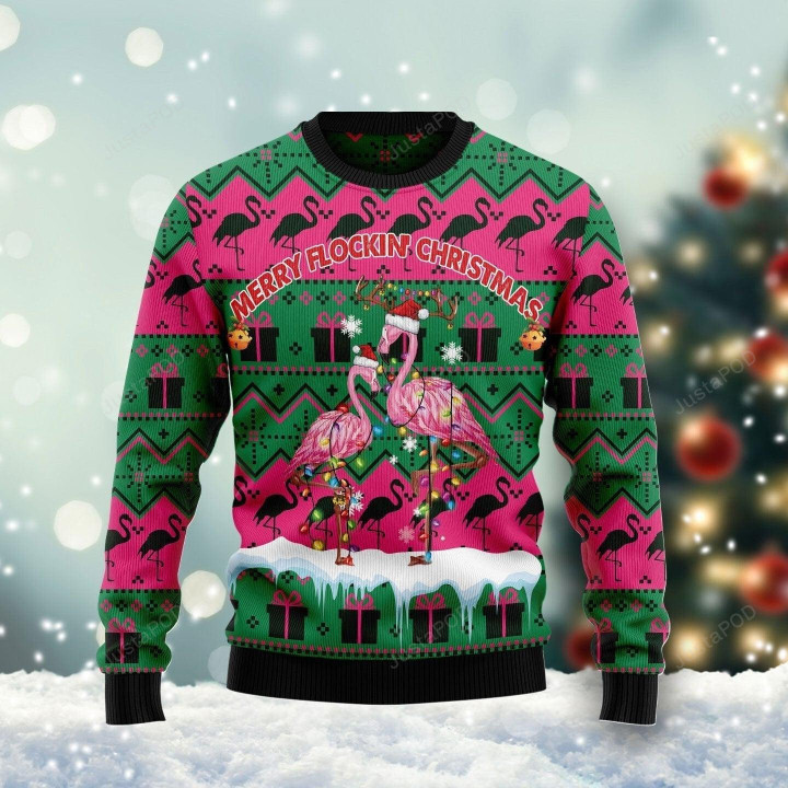 Merry Flockin' Christmas Flamingo Ugly Christmas Sweater, Merry Flockin' Christmas Flamingo 3D All Over Printed Sweater