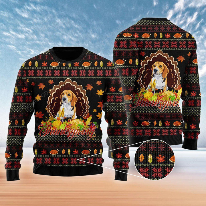 Happy Thanksgiving Funny Beagle Dog Ugly Christmas Sweater, Happy Thanksgiving Funny Beagle Dog 3D All Over Printed Sweater