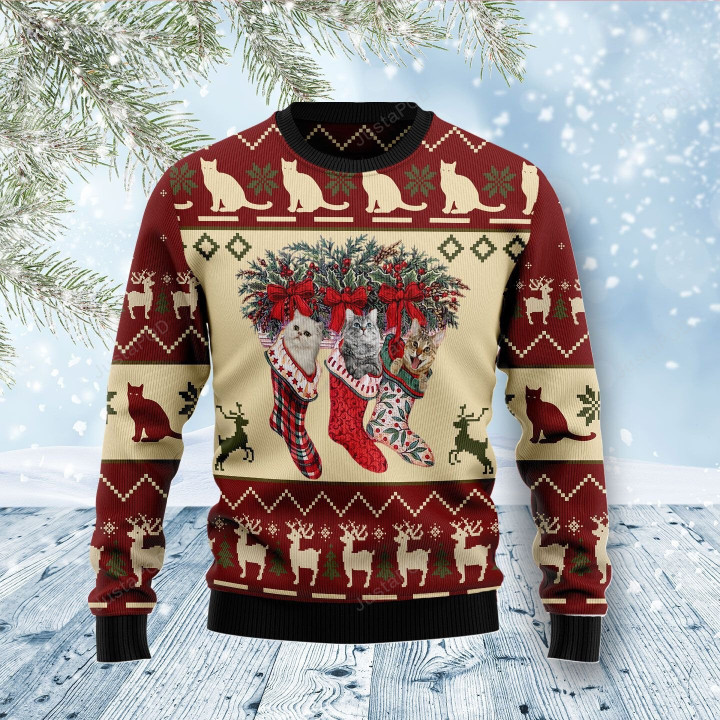 Cat And Sock Xmas Ugly Christmas Sweater, Cat And Sock Xmas 3D All Over Printed Sweater