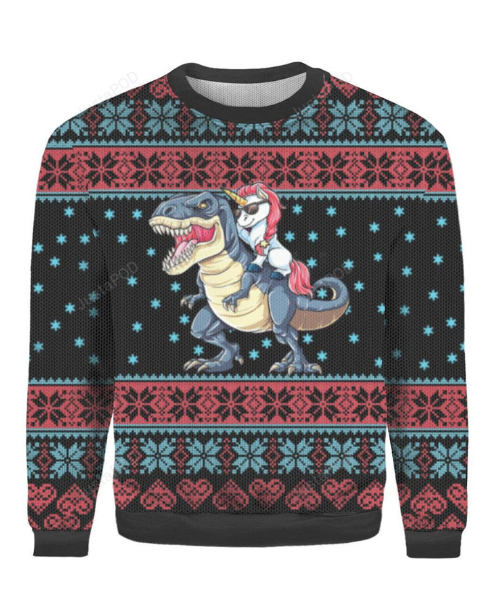 A Unicorn Riding Dinosaur Ugly Christmas Sweater, A Unicorn Riding Dinosaur 3D All Over Printed Sweater
