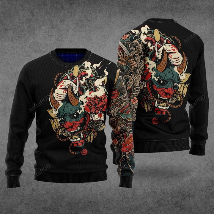 Samurai Tattoo Ugly Christmas Sweater, Samurai Tattoo 3D All Over Printed Sweater
