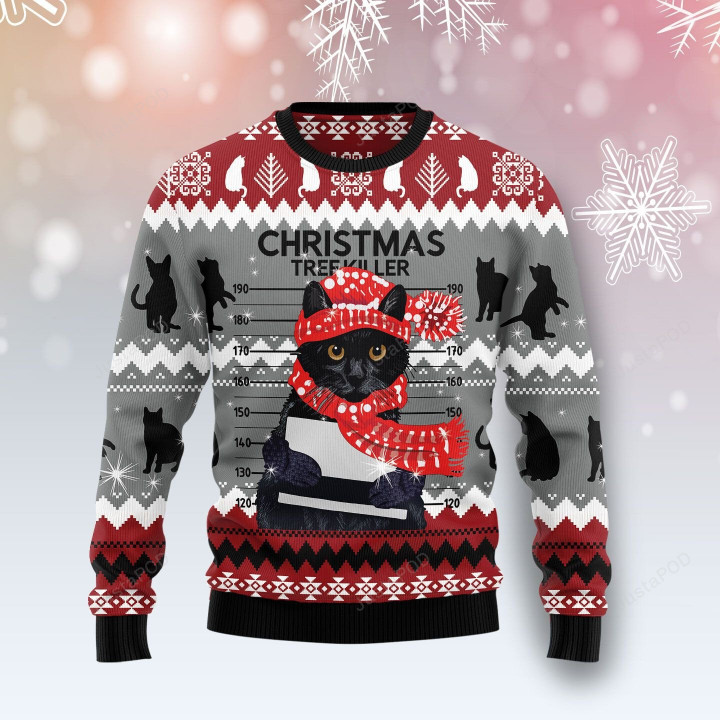 Black Cat Tree Killer Ugly Christmas Sweater, Black Cat Tree Killer 3D All Over Printed Sweater