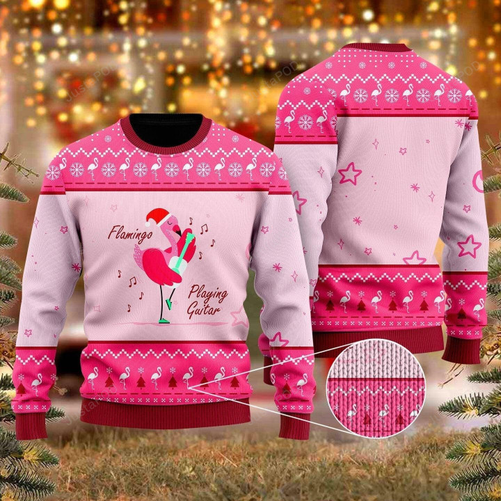 Flamingo Playing Guitar Christmas Ugly Christmas Sweater, Flamingo Playing Guitar Christmas 3D All Over Printed Sweater