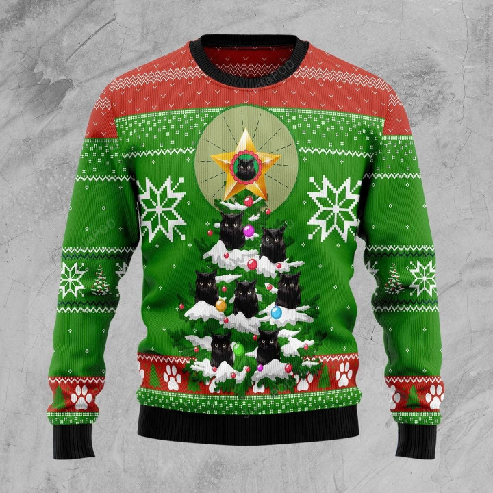 Black Cat Pine Ugly Christmas Sweater, Black Cat Pine 3D All Over Printed Sweater