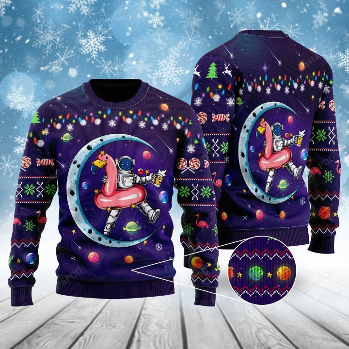 Astronauts Sit On Flamingo Floats In Space Ugly Christmas Sweater, Astronauts Sit On Flamingo Floats In Space 3D All Over Printed Sweater