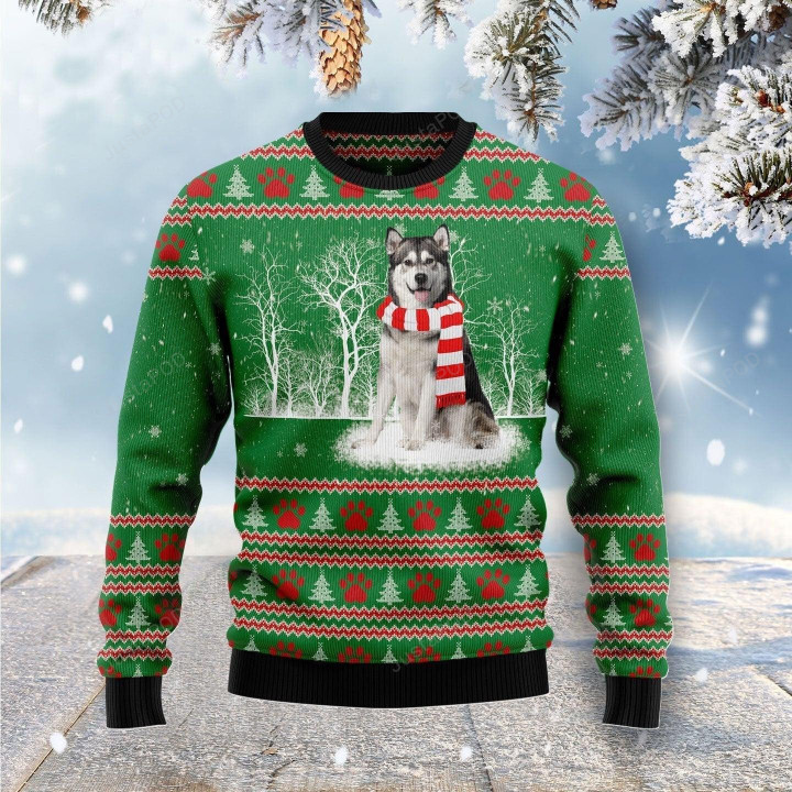 Alaskan Malamute Winter Tree Ugly Christmas Sweater, Alaskan Malamute Winter Tree 3D All Over Printed Sweater
