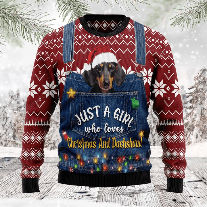 Just A Girl Who Loves Christmas And Dachshund Ugly Christmas Sweater, Just A Girl Who Loves Christmas And Dachshund 3D All Over Printed Sweater