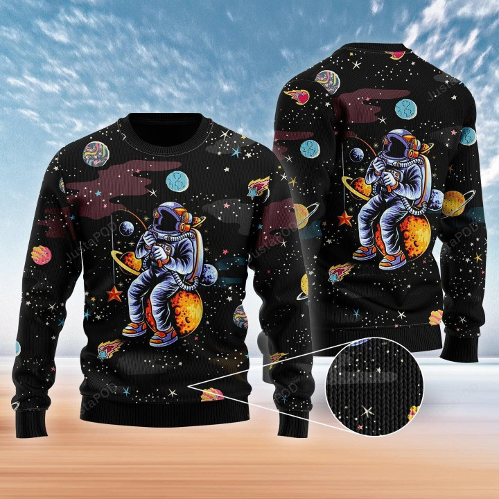 Funny Astronaut Fishing In Space Ugly Christmas Sweater, Funny Astronaut Fishing In Space 3D All Over Printed Sweater