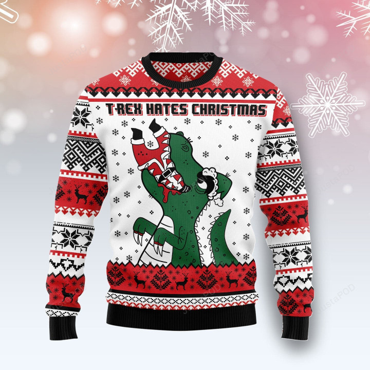 T-Rex Hates Christmas Ugly Christmas Sweater, T-Rex Hates Christmas 3D All Over Printed Sweater