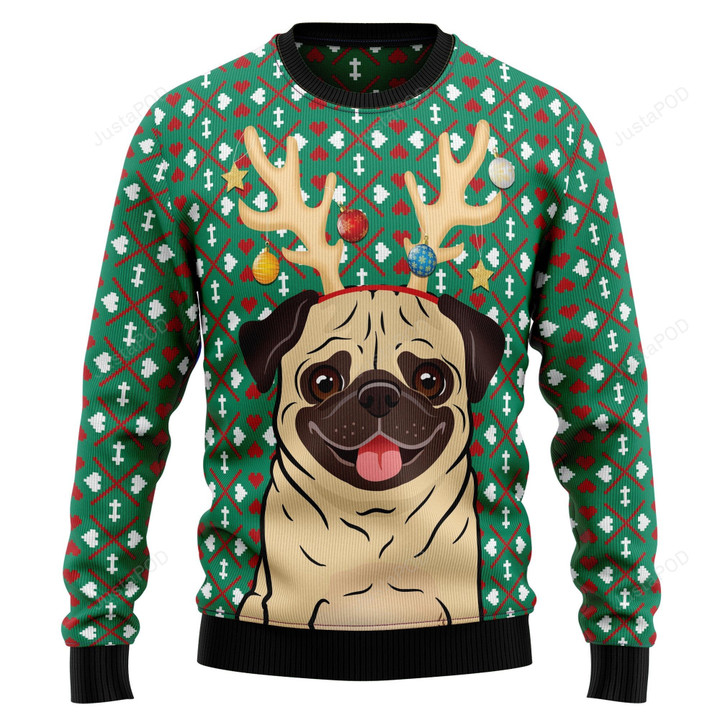 Reindeer Pug Christmas Ugly Christmas Sweater, Reindeer Pug Christmas 3D All Over Printed Sweater