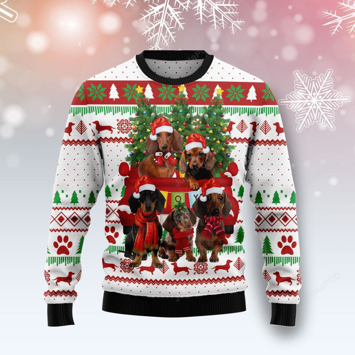 Dachshund Red Truck Ugly Christmas Sweater, Dachshund Red Truck 3D All Over Printed Sweater