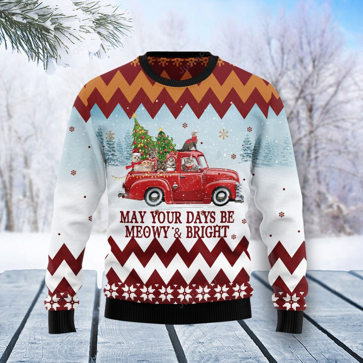 Cat Red Truck Ugly Christmas Sweater, Cat Red Truck 3D All Over Printed Sweater