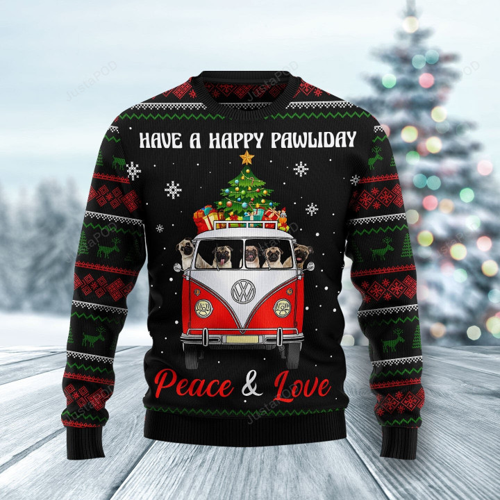 Pug Dogs Carrying Gift Christmas On The Red Car Ugly Christmas Sweater, Pug Dogs Carrying Gift Christmas On The Red Car 3D All Over Printed Sweater