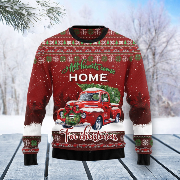 Red Truck Home Christmas Ugly Christmas Sweater, Red Truck Home Christmas 3D All Over Printed Sweater