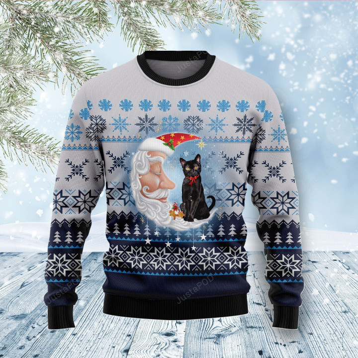Black Cat Love Santa Moon Ugly Christmas Sweater, Black Cat Love Santa Moon 3D All Over Printed Sweater
