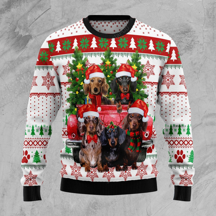 Dachshund Red Truck Ugly Christmas Sweater, Dachshund Red Truck 3D All Over Printed Sweater