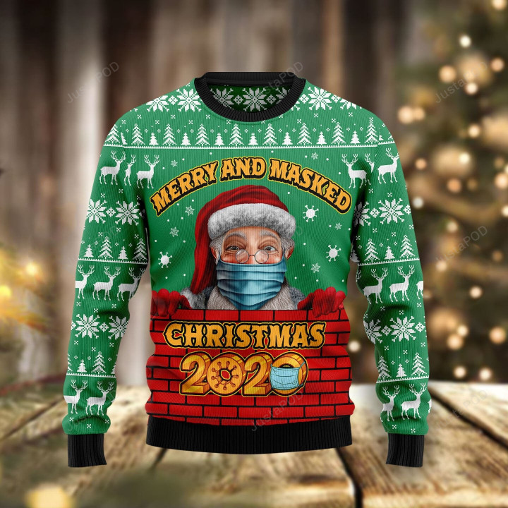 Santa Merry And Masked Ugly Christmas Sweater, Santa Merry And Masked 3D All Over Printed Sweater