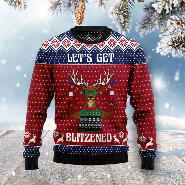 Reindeer Let's Get Blitzened Slouchy Ugly Christmas Sweater, Reindeer Let's Get Blitzened Slouchy 3D All Over Printed Sweater