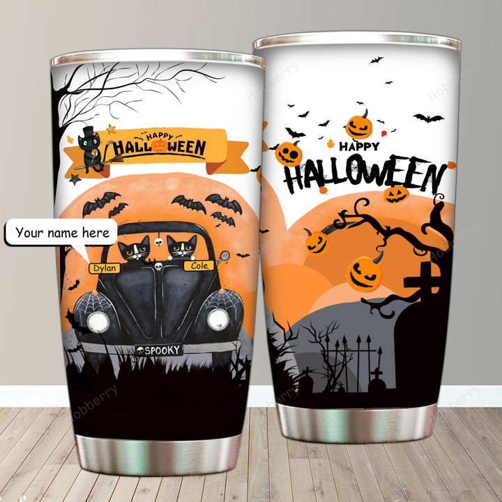 Happy Halloween Couple Cats Friends ( Customized Name) Insulated Stainless Steel Tumbler 20oz / 30oz
