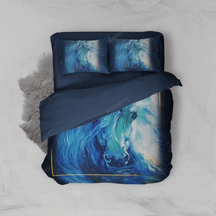 Aesthetic Blue Wave Horse 3D Bed Set