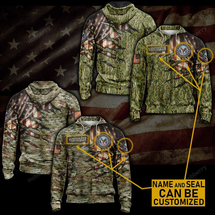 US Veteran Camouflage Name Seal Customized Unisex 3D T-shirt Zip up Hoodie