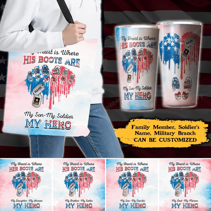 Personalized My Heart Is Where His Boots Are My Son My Soldier My Hero Heart American Flag Family Member Tote Bag
