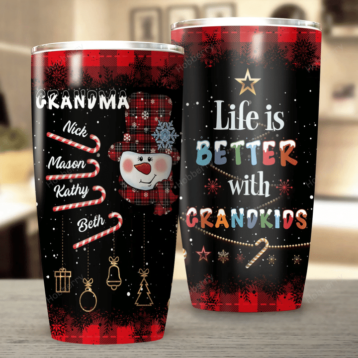Personalized Life Is Better With Grandkids Winter Christmas Snowman Insulated Stainless Steel Tumbler 20oz / 30oz For Grandma