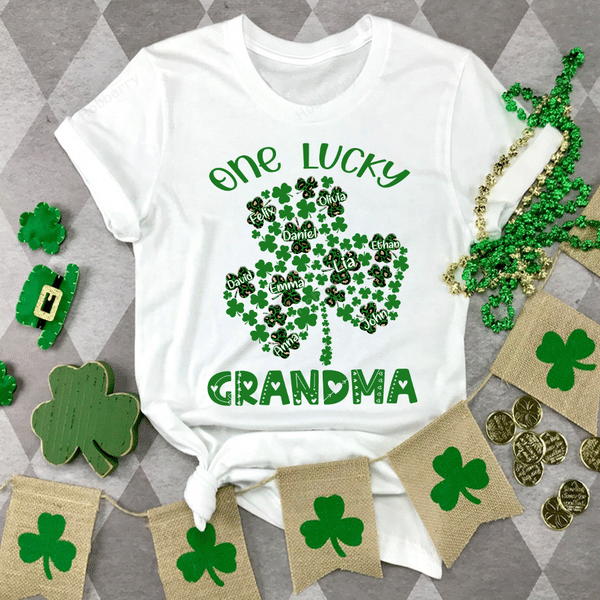 Personalized One Lucky Grandma with Grandkids Shamrock Patrick Day Shirt Gift For Grandma & Mom