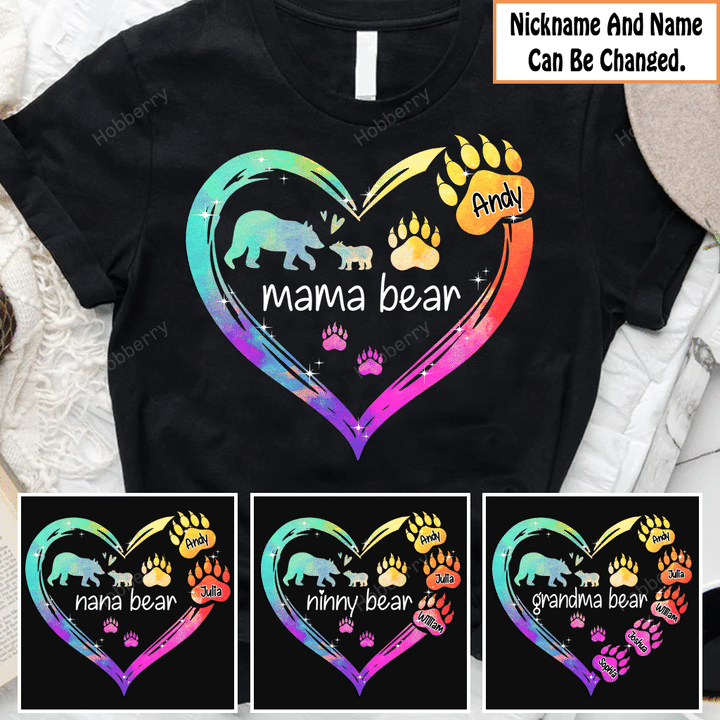 Personalized Mama Bear Heart Colorful Custom Name Shirt Gift For Grandma & Mom