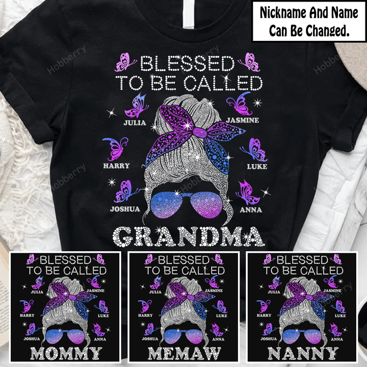 Blessed To Be Called Nana Messy Bun With Butterflies - Personalized Custom Shirt Gift For Grandma & Mom