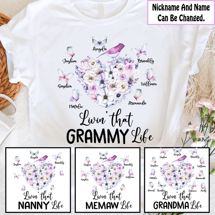 Living that grandma life flower bird with grandkids butterfly - Personalized Custom Shirt Gift For Grandma & Mom