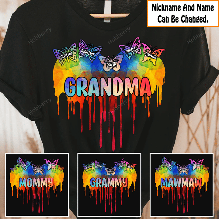 Colorful Butterfly Heart Grandma Mom - Personalized Custom Name Shirt Gift For Grandma & Mom