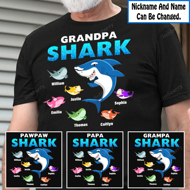 Grandpa Shark with Grandkids - Personalized Custom Name Shirt Gift For Grandpa & Dad