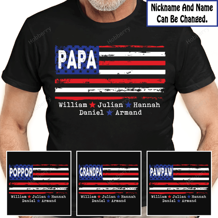 Grandpa American Flag With Grandkids Name - Personalized Custom Name Shirt Gift For Grandpa & Dad