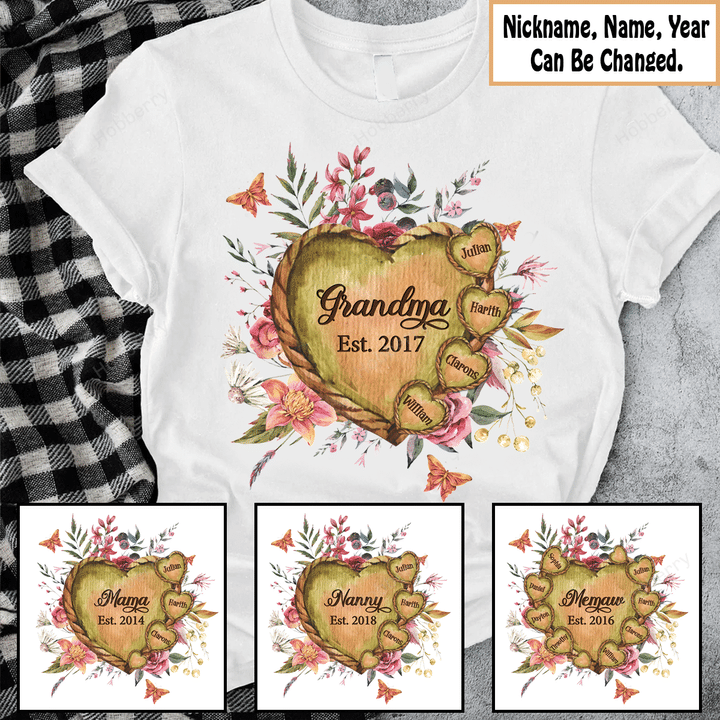 Grandma Est Year Vintage Heart With Wildflowers And Grandkids Name - Personalized Custom Name Shirt Gift For Grandma & Mom
