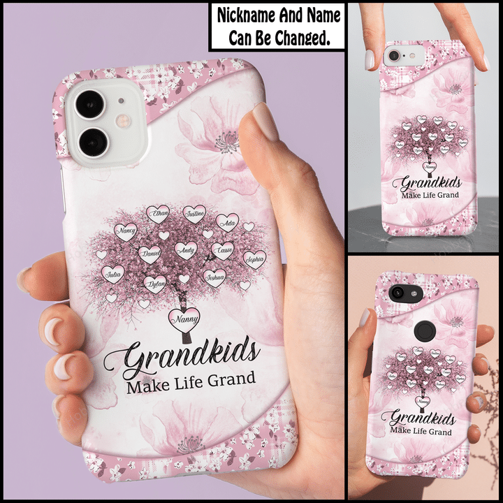 Grandkids Make Life Grand Cherry Blossom Tree Love Hearts Nana Grandma Phone Case With Grandkids Names - Personalized Custom Name Phone Case Gift For Grandma & Mom