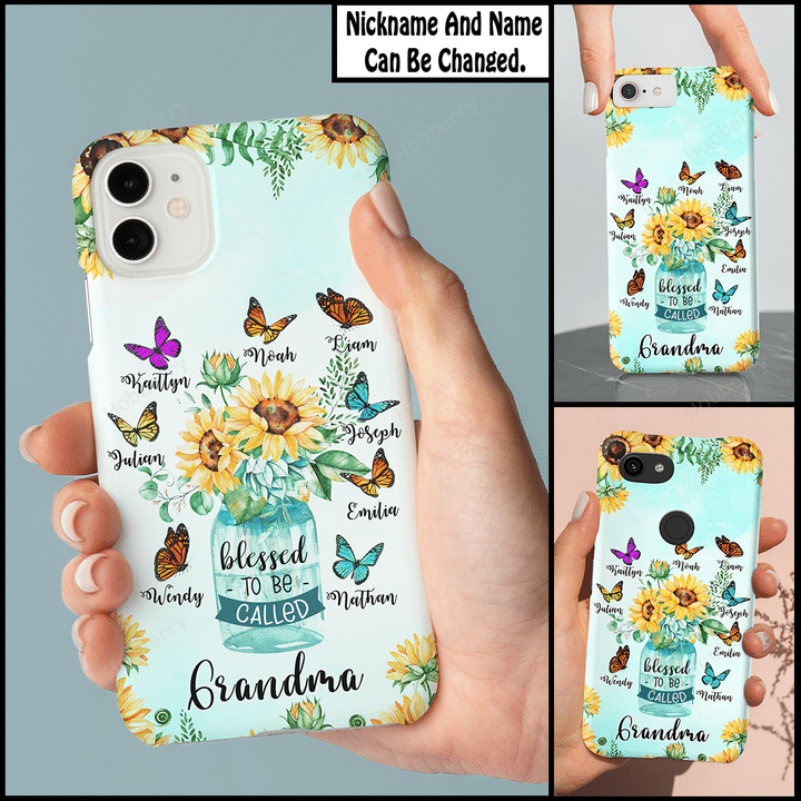 Blessed to be called Grandma Sunflower and Grandkids Butterflies Nana Grandma Phone Case With Grandkids Names - Personalized Gift For Grandma & Mom