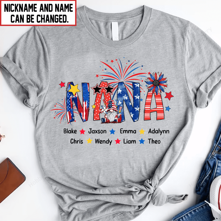 Independence Day Nana Patriotic 4th Of July Firecrackers Grandma Shirt With Grandkids Names - Personalized Custom Name Shirt Gift For Grandma & Mom