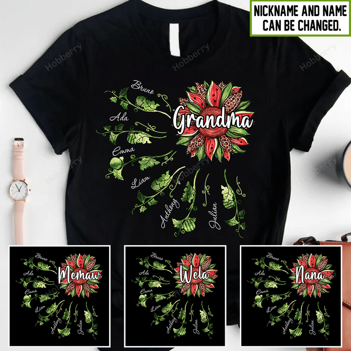Watermelon Leopard Sunflower Flower & Leaves Grandma Shirt With Grandkids Names - Personalized Custom Name Shirt Gift For Grandma & Mom