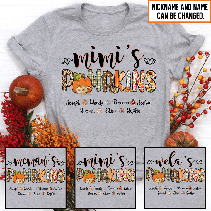 Mimi's Pumpkins Fall Season Grandma Shirt With Grandkids Names - Personalized Custom Name Shirt Gift For Grandma & Mom