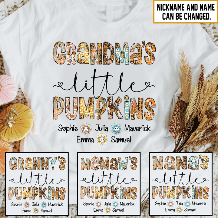 Grandma's Little Pumpkin Leopard Pattern Fall Season Grandma Shirt With Grandkids Names - Personalized Custom Name Shirt Gift For Grandma & Mom