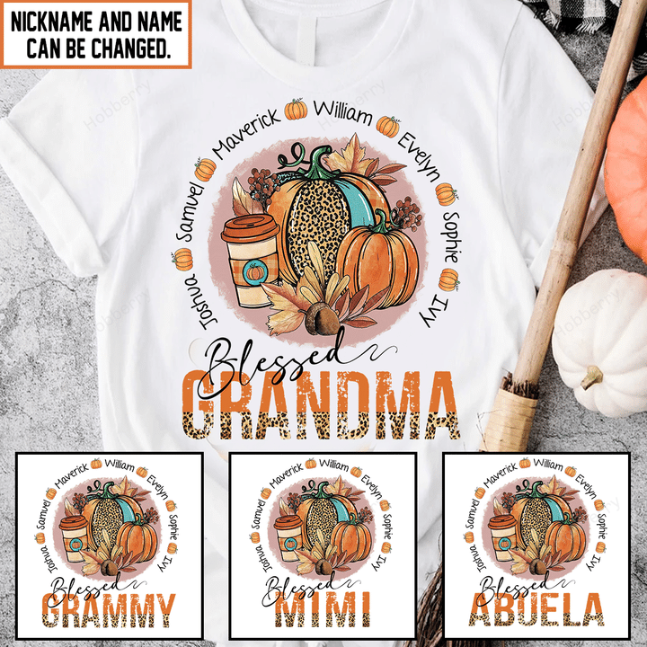 Blessed Grandma Fall Season Grandma Shirt With Grandkids Names - Personalized Custom Name Shirt Gift For Grandma & Mom