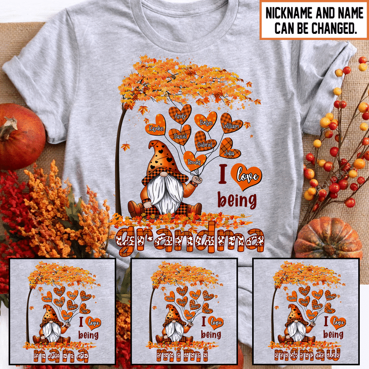 I Love Being Grandma Gnome Fall Season Grandma Shirt With Grandkids Names - Personalized Custom Name Shirt Gift For Grandma & Mom