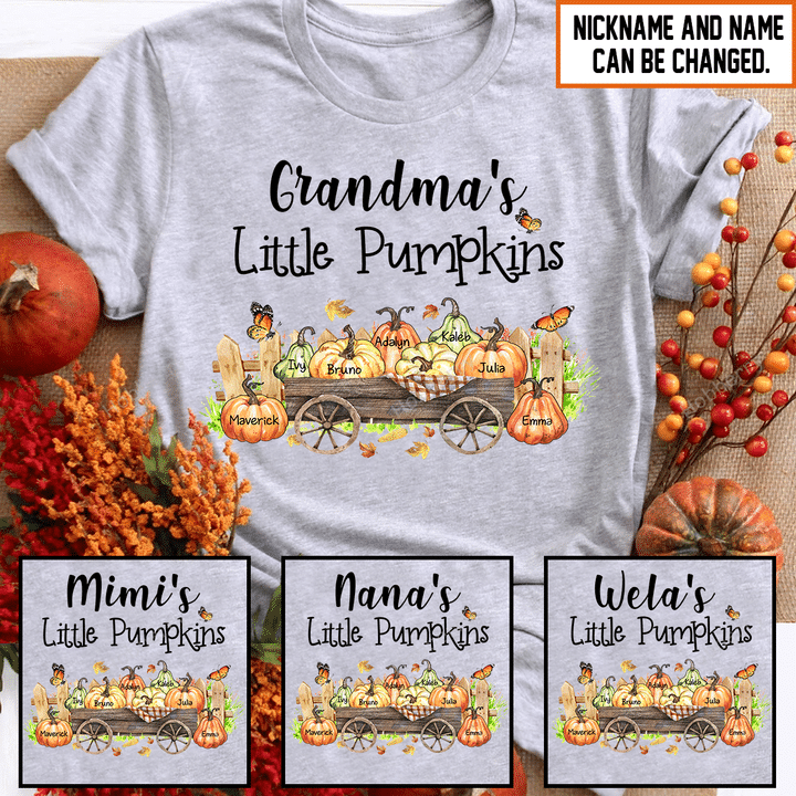 Grandma's Little Pumpkins Fall Season Grandma Shirt With Grandkids Names - Personalized Custom Name Shirt Gift For Grandma & Mom