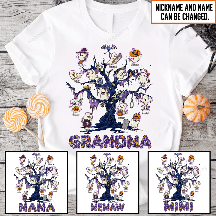 Grandma Tree With Cute Ghosts Halloween Night Grandma Shirt With Grandkids Names - Personalized Custom Name Shirt Gift For Grandma & Mom