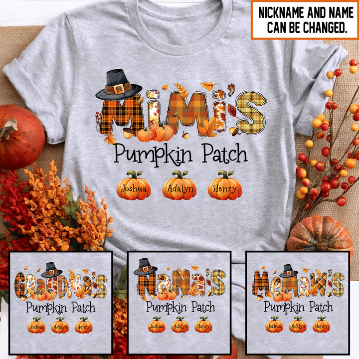 Mimi's Pumpkin Patch Halloween Night Fall Season Grandma Shirt With Grandkids Names - Personalized Custom Name Shirt Gift For Grandma & Mom