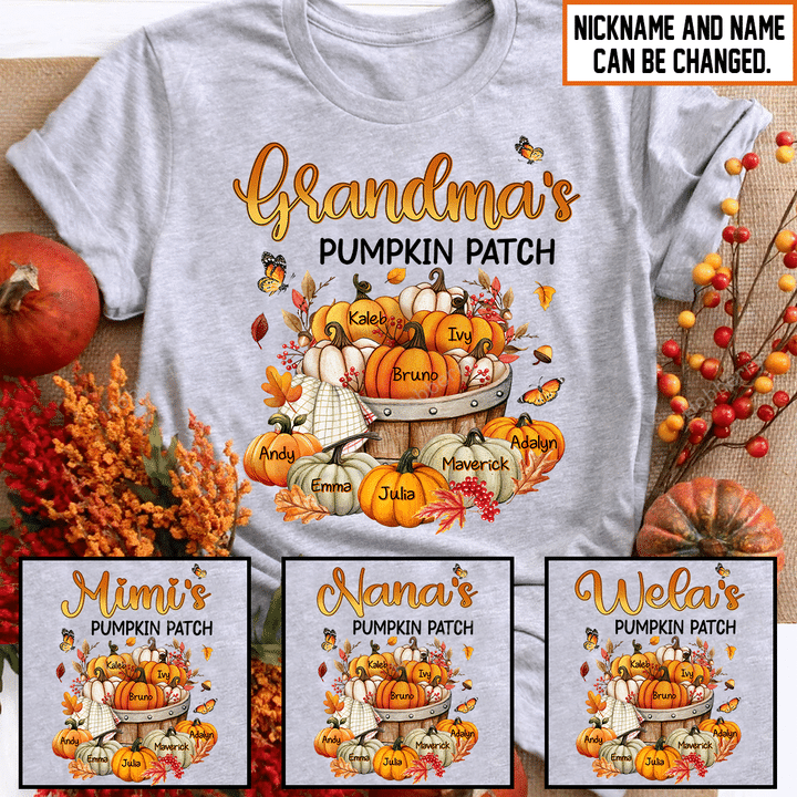 Grandma's Pumpkin Patch Fall Season Grandma Shirt With Grandkids Names - Personalized Custom Name Shirt Gift For Grandma & Mom
