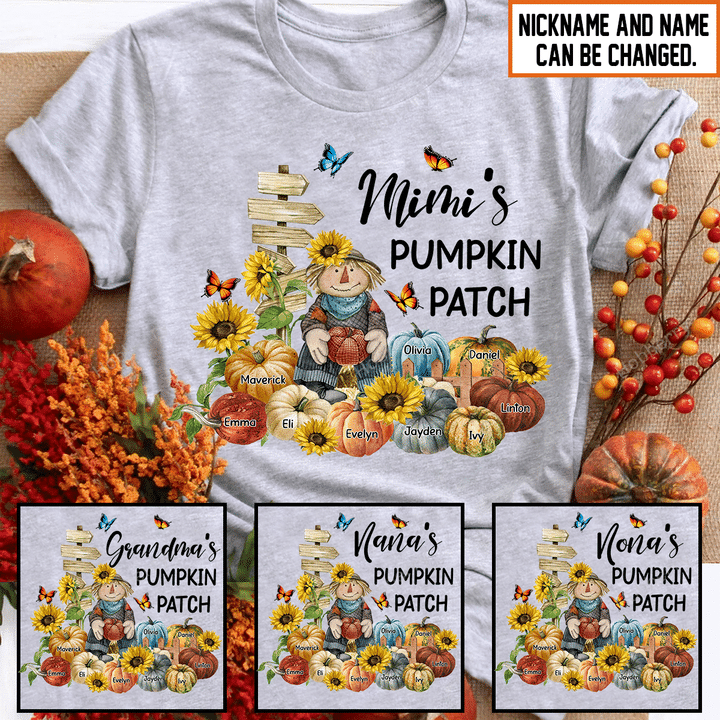 Nana Memaw Mimi's Pumpkin Patch Fall Season Grandma Shirt With Grandkids Names - Personalized Custom Name Shirt Gift For Grandma & Mom
